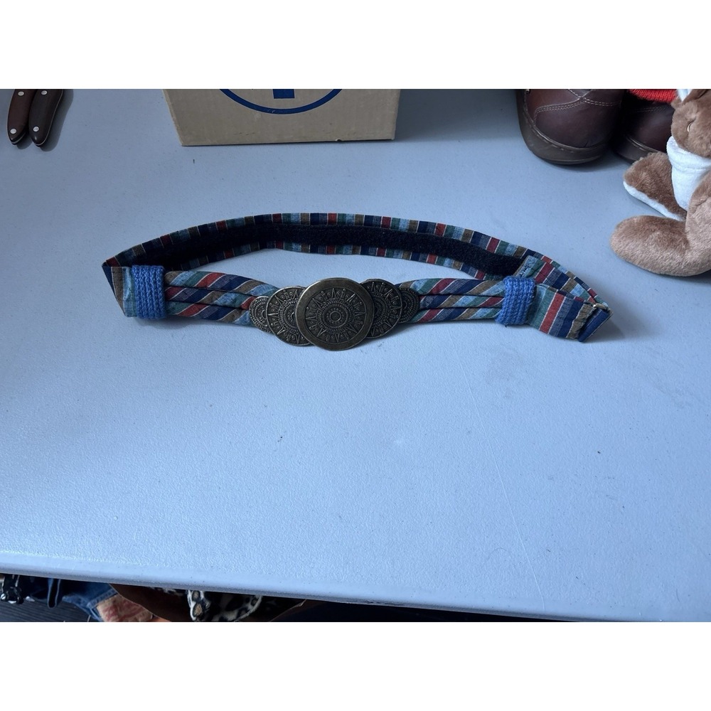 Vtg Ione Copper‎ Metal Coin Style Hook And Loop Closure Striped Belt USA Made